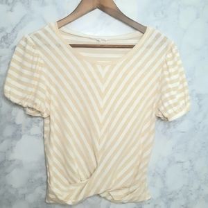 June and Hudson Tan And White Stripes Short Sleeve Top